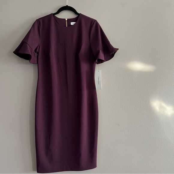Calvin Klein Dresses & Skirts - Calvin Klein Scuba Crepe Sheath Dress Short Sleeve Knee Length Boatneck Purple 6